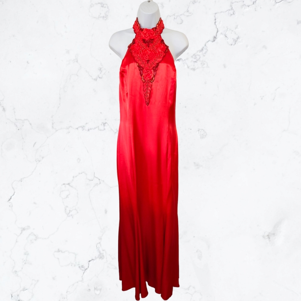 Vintage Jessica McClintock Gunne Sax Bright Red Halter Gown Cocktail Dress